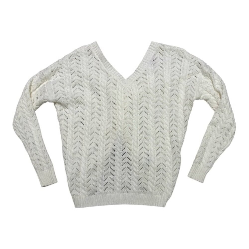 mi ami Francesca's Cable Knit Knotback Sweater Women's S Off White V-Necl L/S - Picture 4 of 10